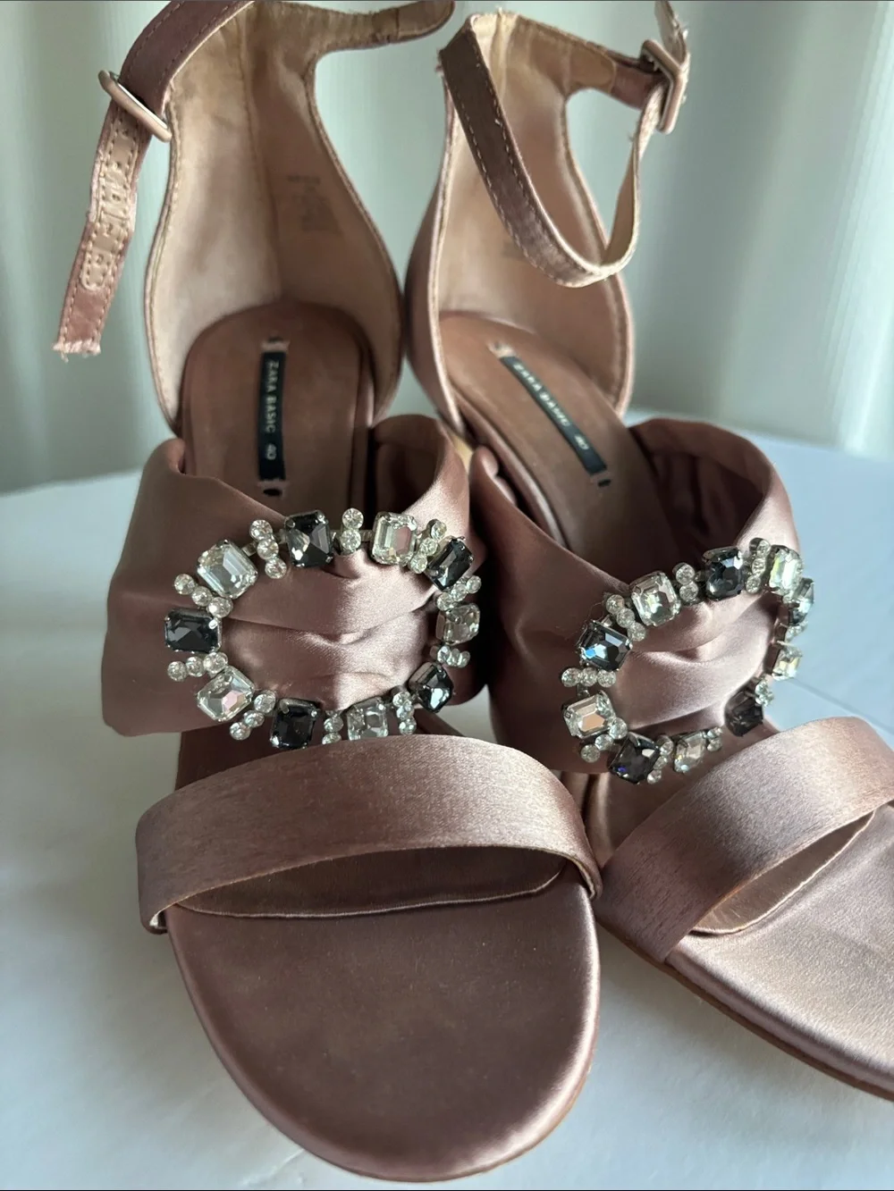 Satin Embellished Ankle-Strap Heels in Dusty Rose - Picture 4 of 9